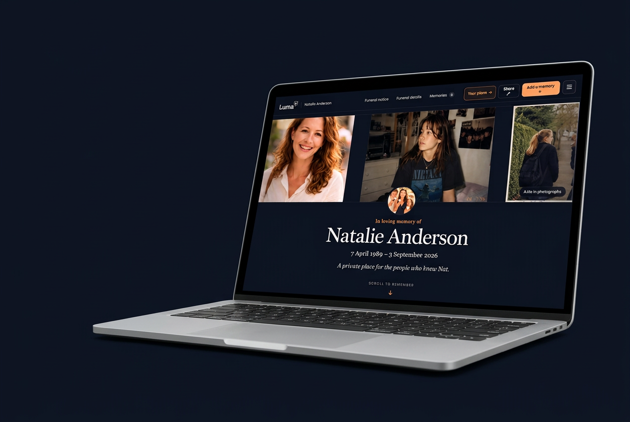Preview of a Lumaspace — a private memorial page shown on a laptop