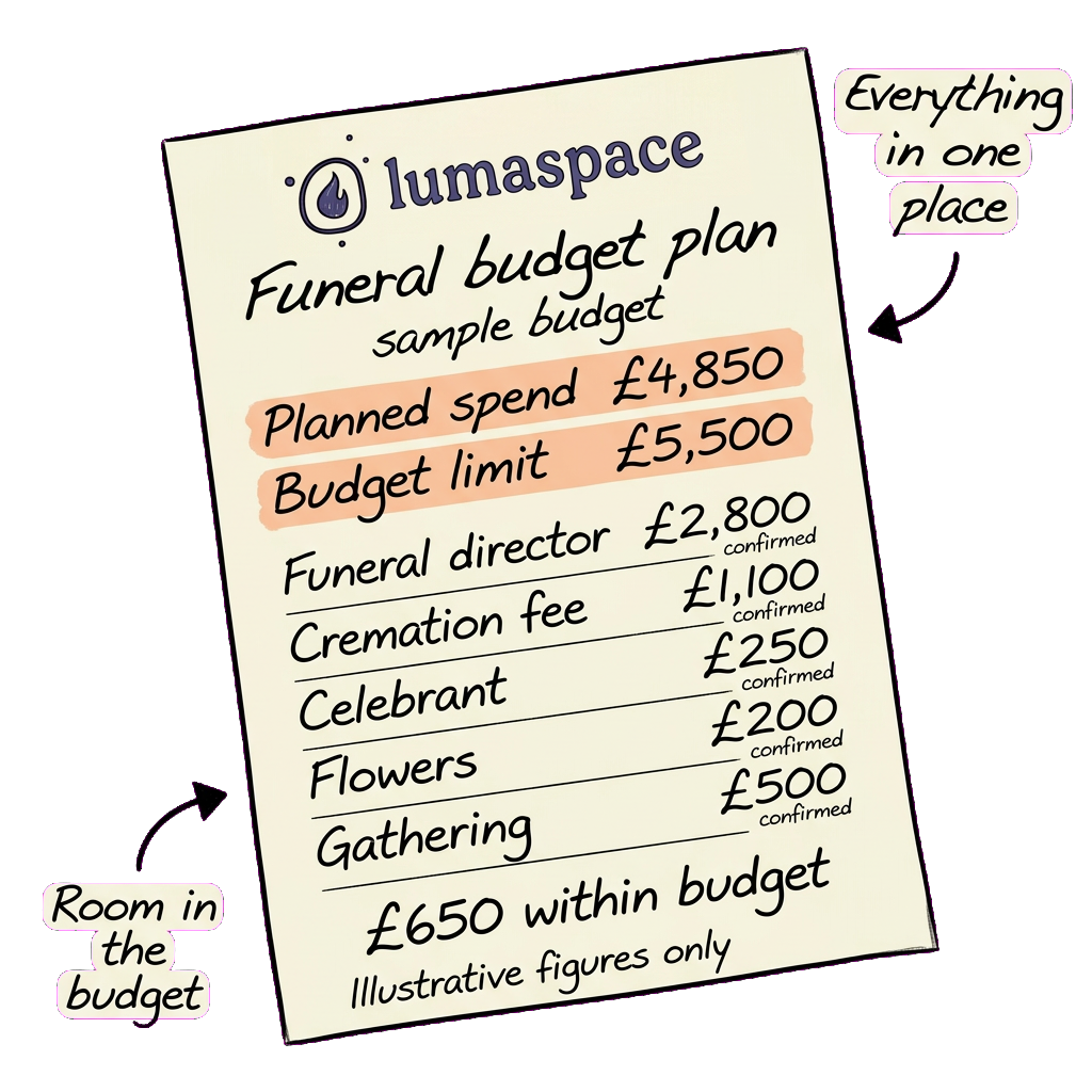 Hand-illustrated example of a completed Lumaspace funeral budget, with bold ink lettering and handwritten annotations. Illustrative planned spend £4,850, budget limit £5,500, leaving £650 within budget. These are sample figures, not typical prices or quotes.
